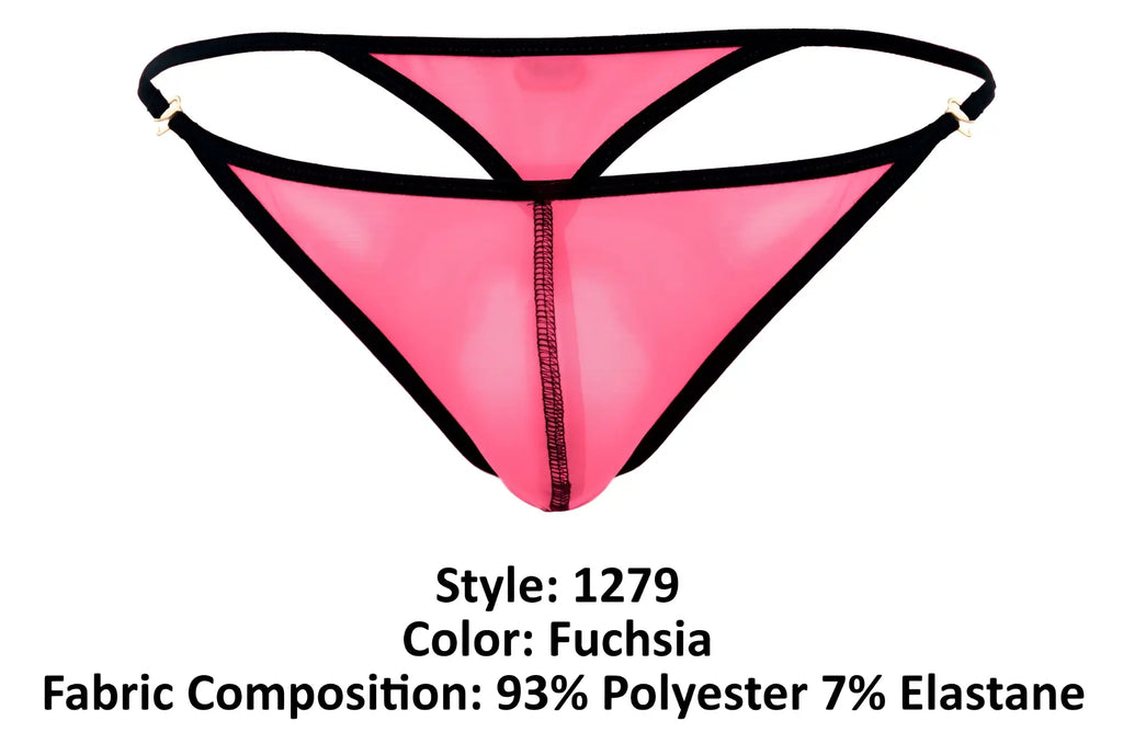 Fuchsia sheer mesh thong with black trim and central zipper closure from pikante pik 1279 sonar thongs collection