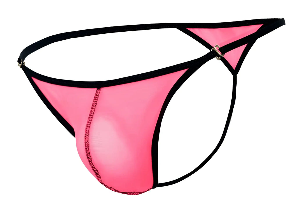 Pink mesh thong with black trim and metallic buckle from Pikante PIK 1279 Sonar thongs in fuchsia color