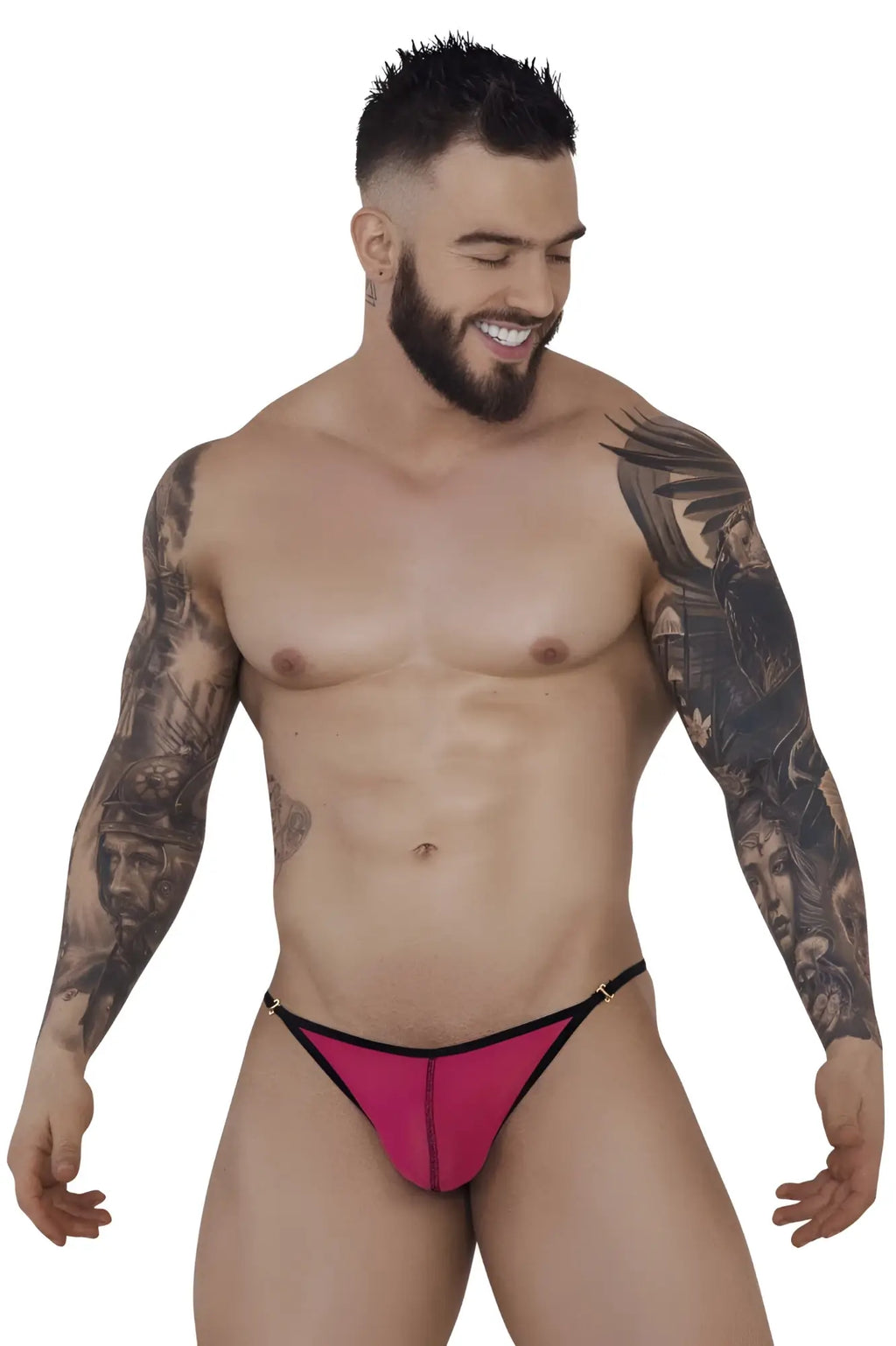 Vibrant pink fuchsia pikante pik 1279 sonar thong with black trim and metallic hardware front view