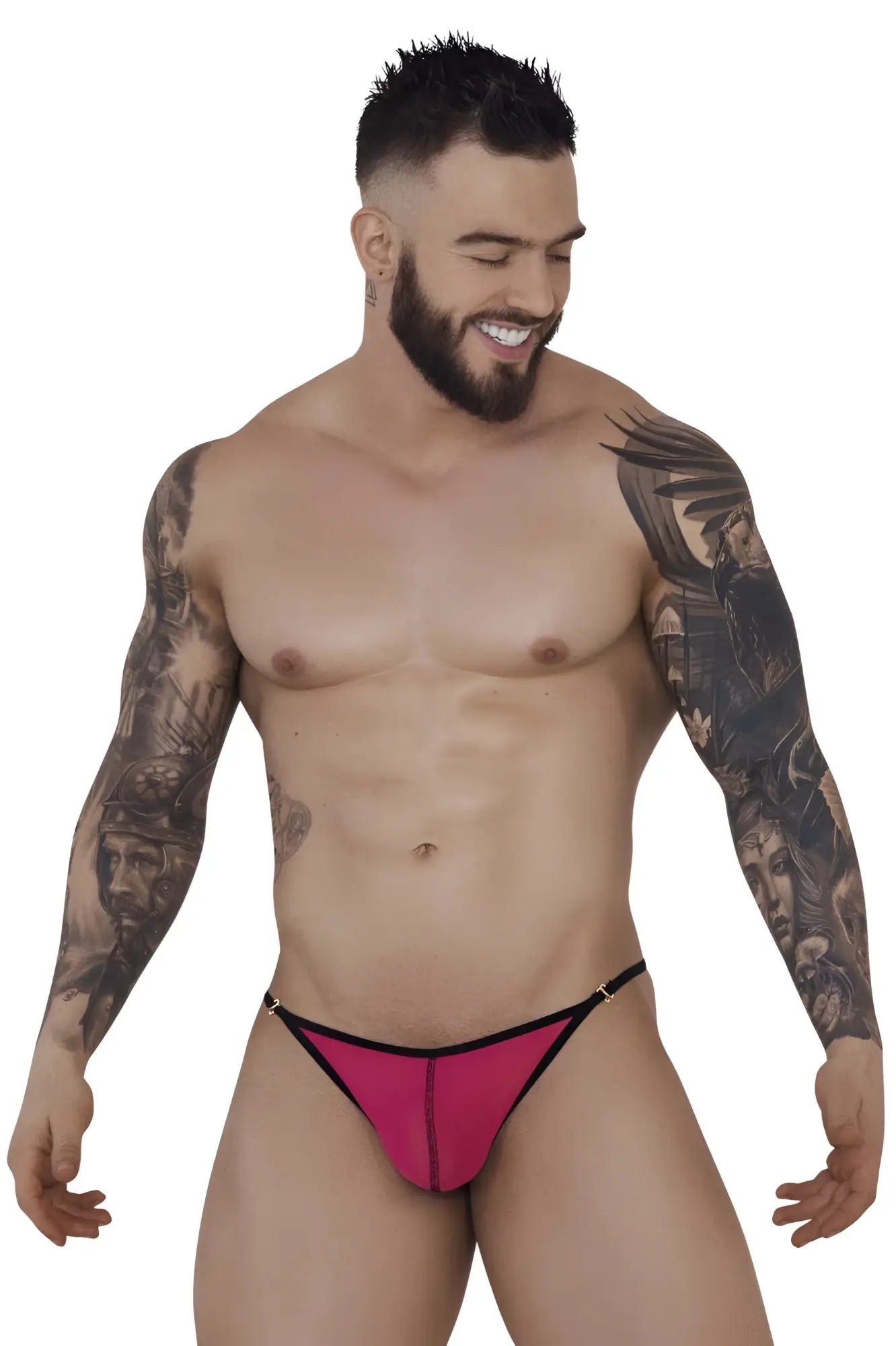 Vibrant pink fuchsia pikante pik 1279 sonar thong with black trim and metallic hardware front view