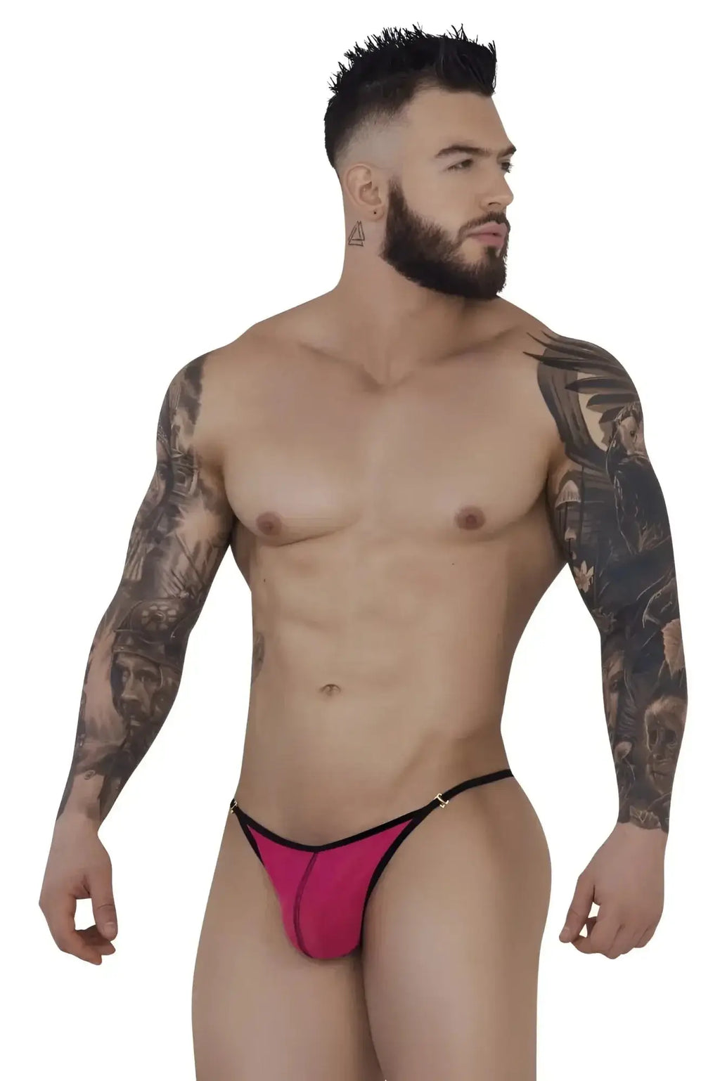 Front view of a tattooed model wearing the Pikante PIK 1279 Sonar thong in fuchsia.