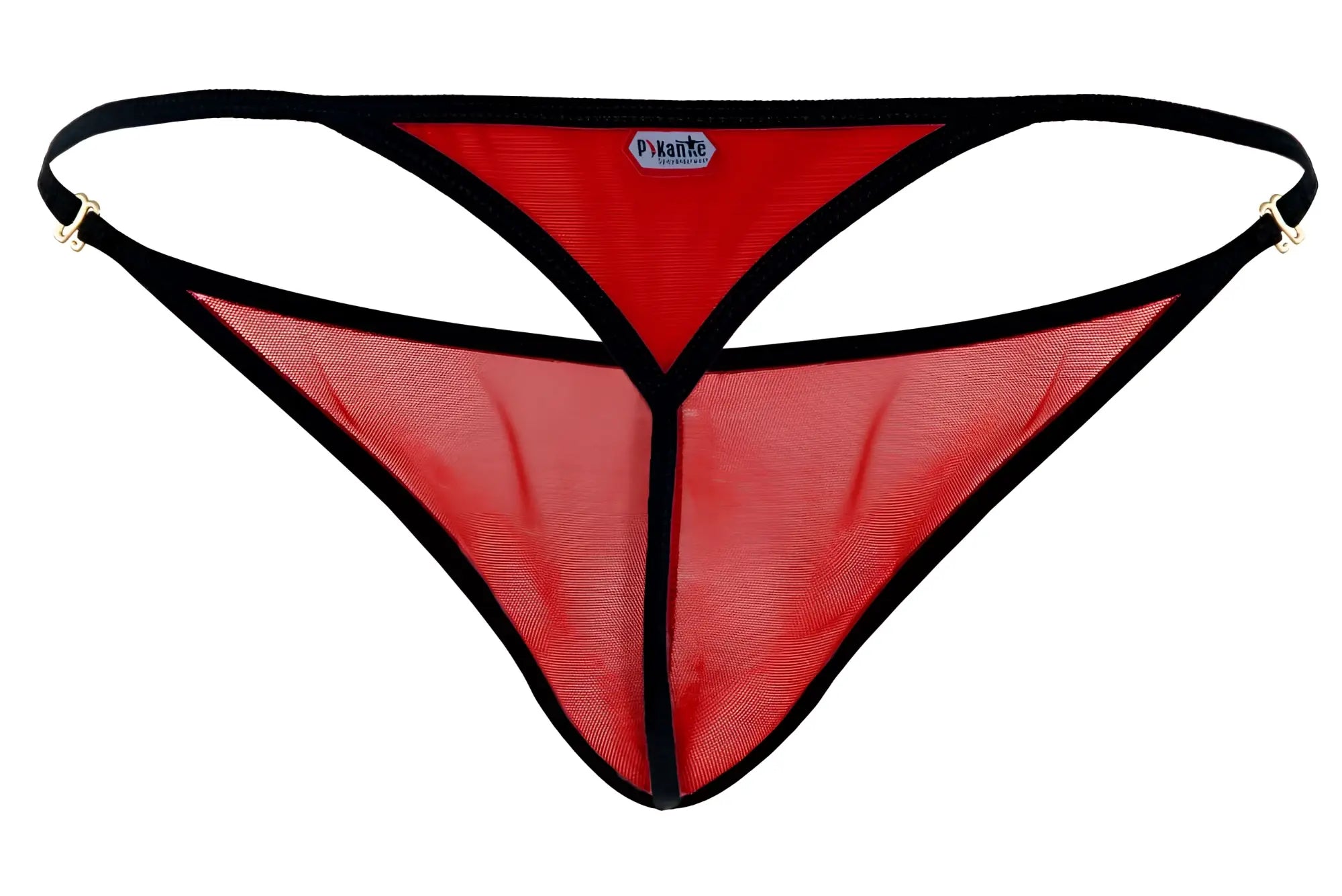 Pikante pik 1279 sonar red thong in red mesh with black trim and adjustable straps shown from the back side