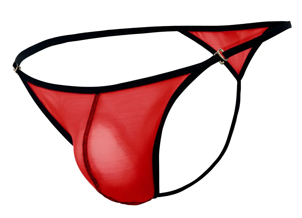 Pikante pik 1279 sonar thong in red red mesh with black trim and a metallic clasp visible from the back side
