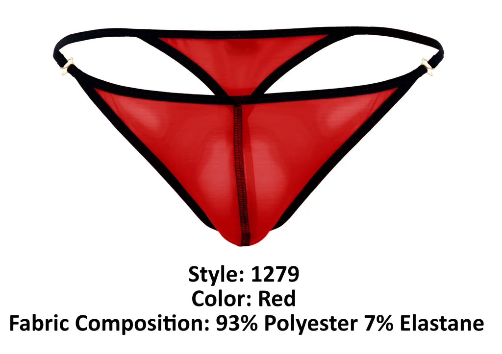 Red sheer mesh thong with black trim and central front seam from pikante pik 1279 sonar thongs color red collection