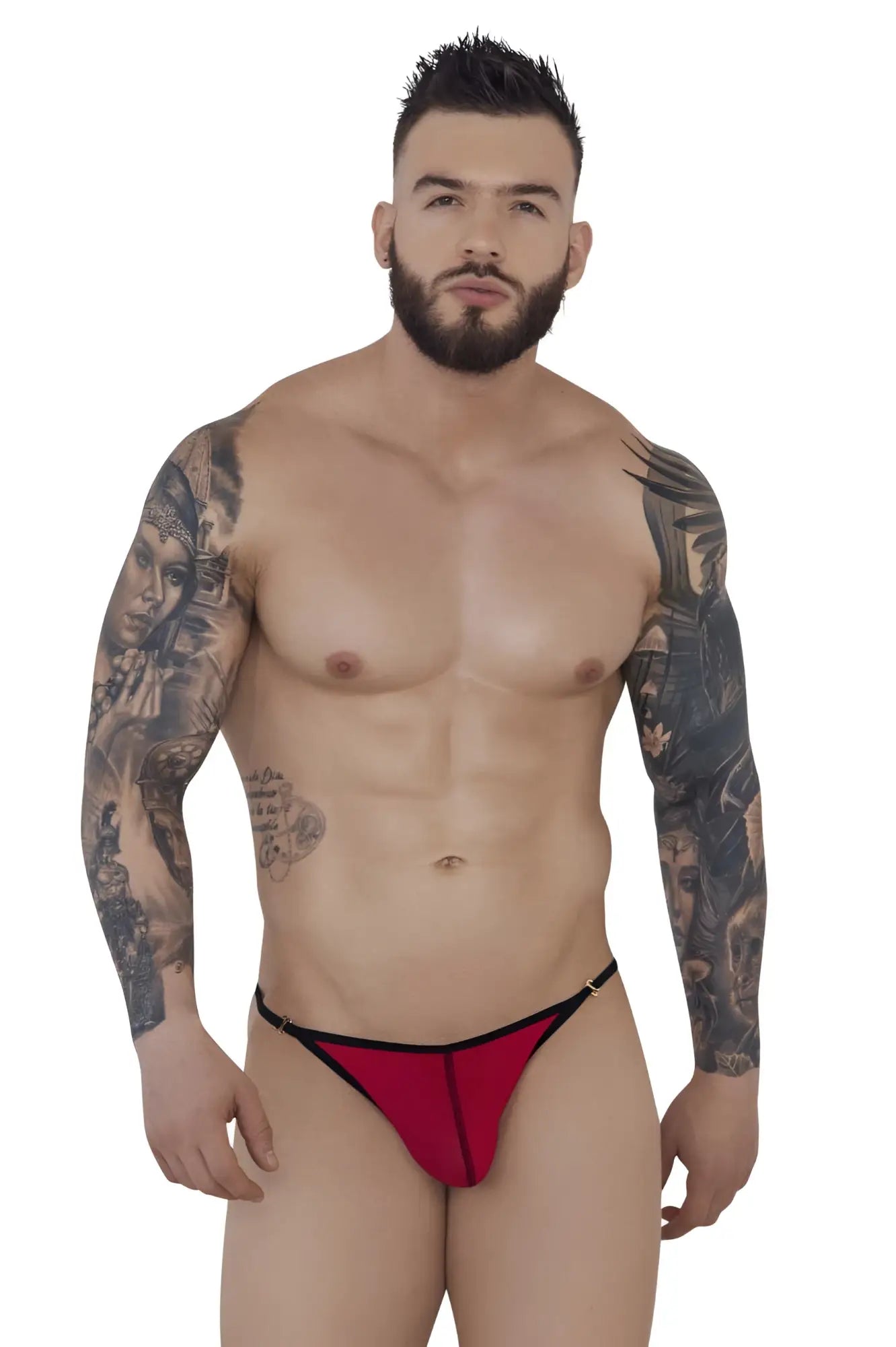 Front view of a tattooed model wearing red Pikante PIK 1279 Sonar thongs.
