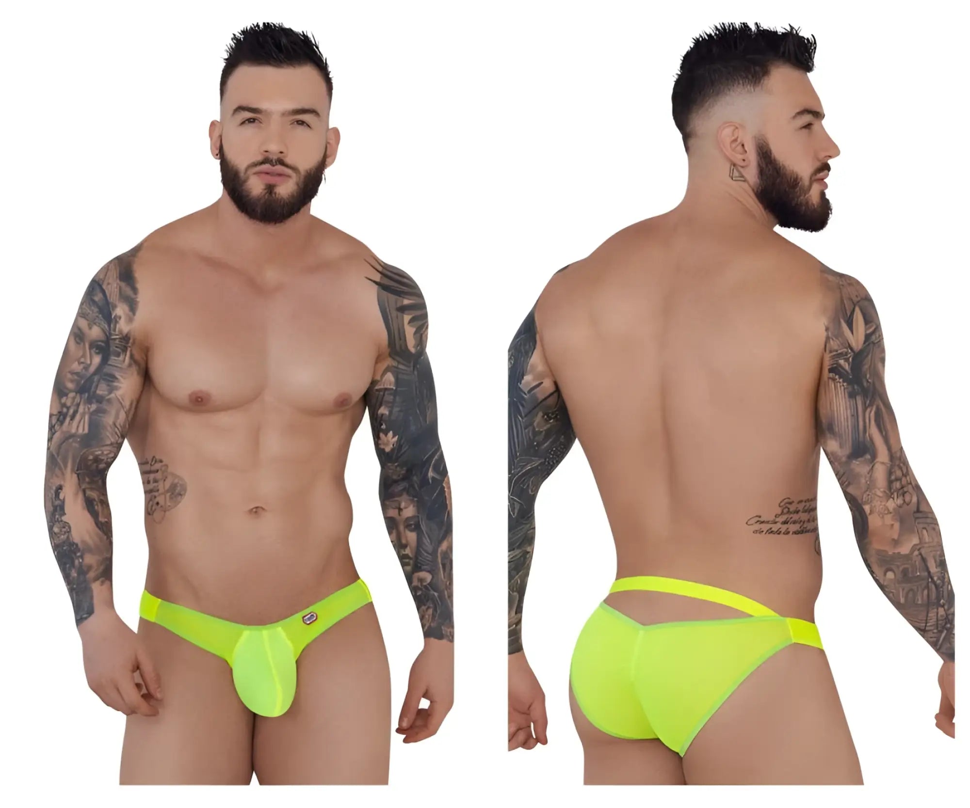 Bright neon green pikante PIK 1283 bestival bikini men’s underwear with form-fitting cutout design in front view