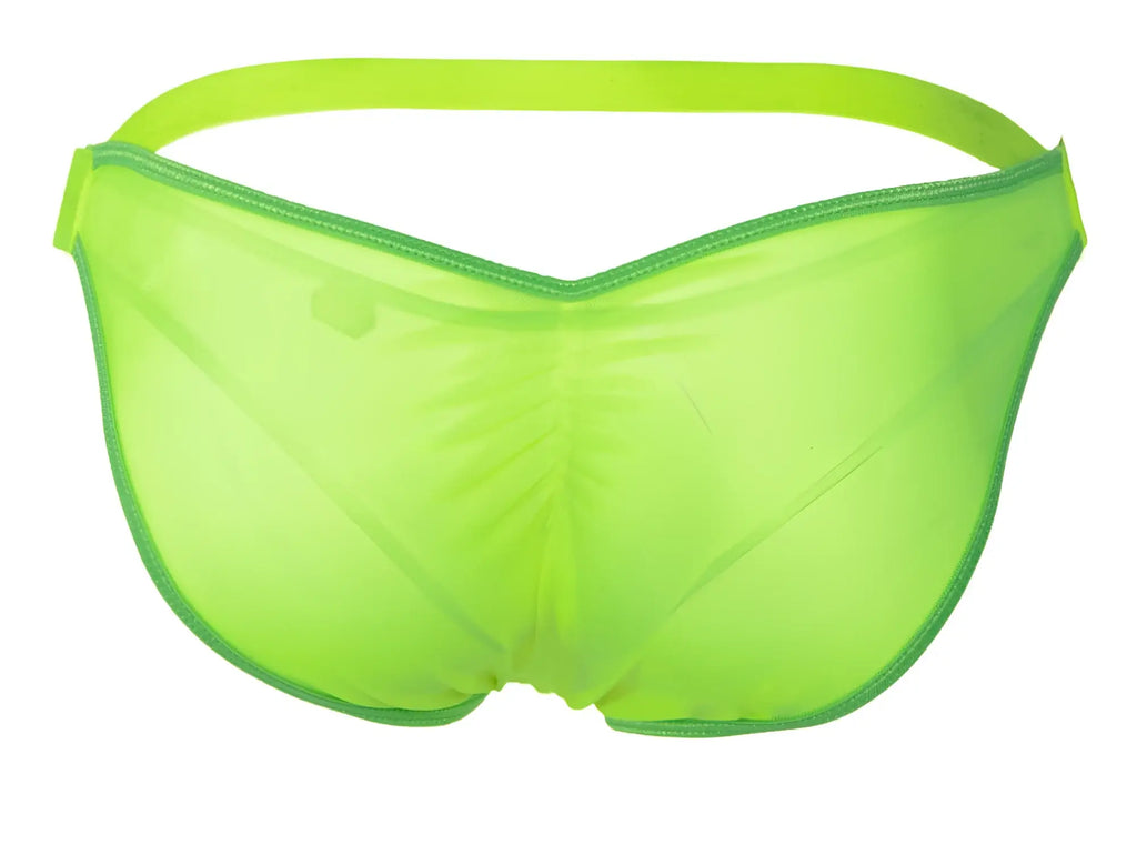 Bright neon green sheer mesh briefs with elastic waistband from pikante pik 1283 bestival bikini collection