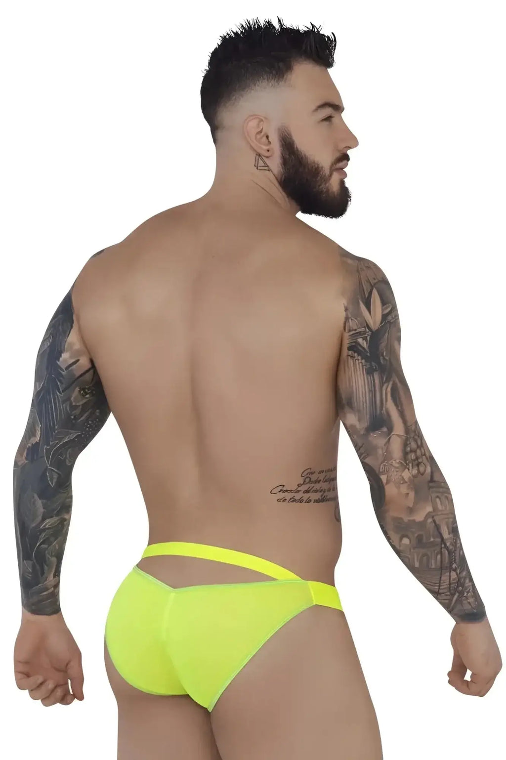 Back view of a man wearing a green Pikante PIK 1283 Bestival bikini.