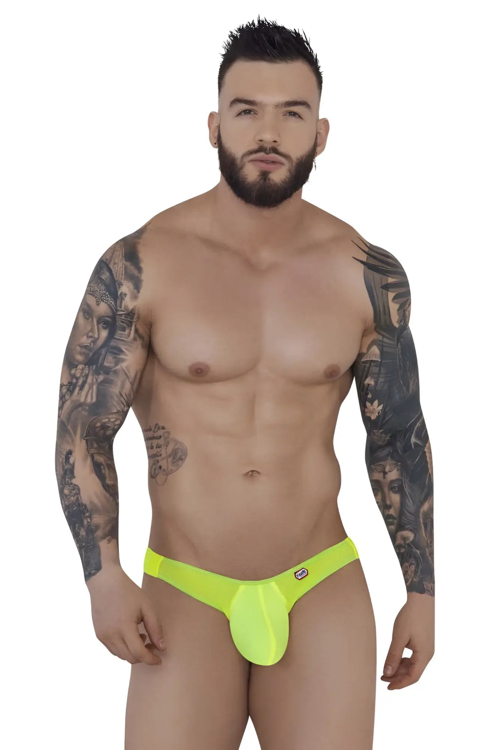 Bright neon yellow form-fitting thong made of smooth stretchy fabric with small Pikante logo on the side