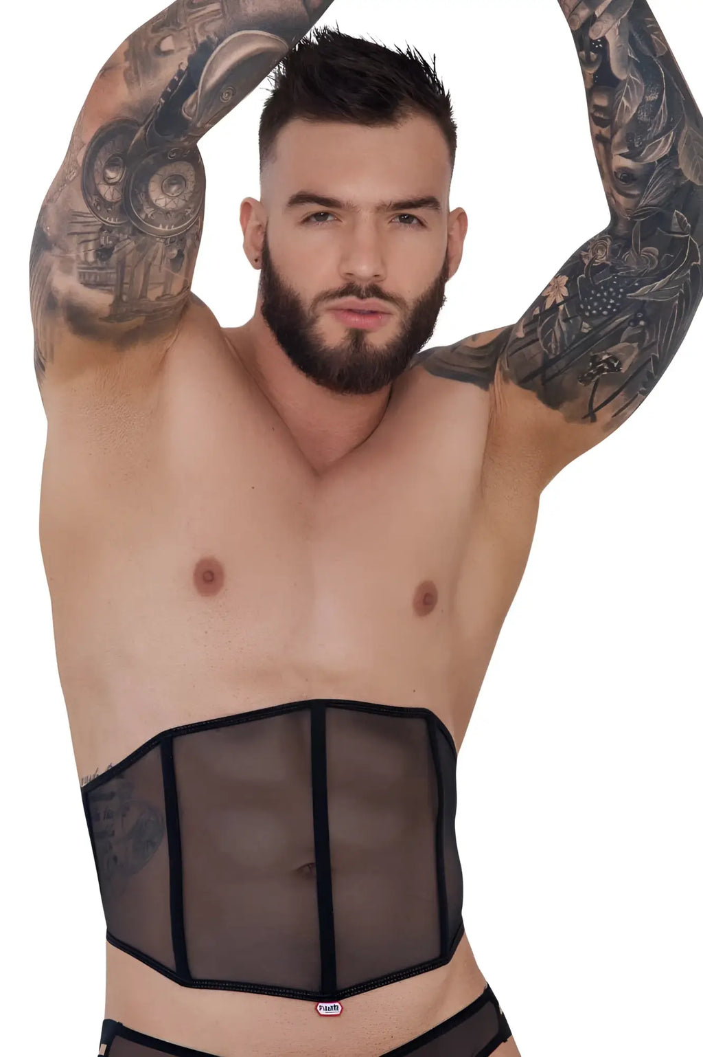 Black sheer mesh corset belt with black elastic trim and red logo front by pikante pik 1288 mutek corset black