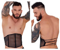 Front and back view of the black Pikante PIK 1288 Mutek corset worn by a tattooed man.