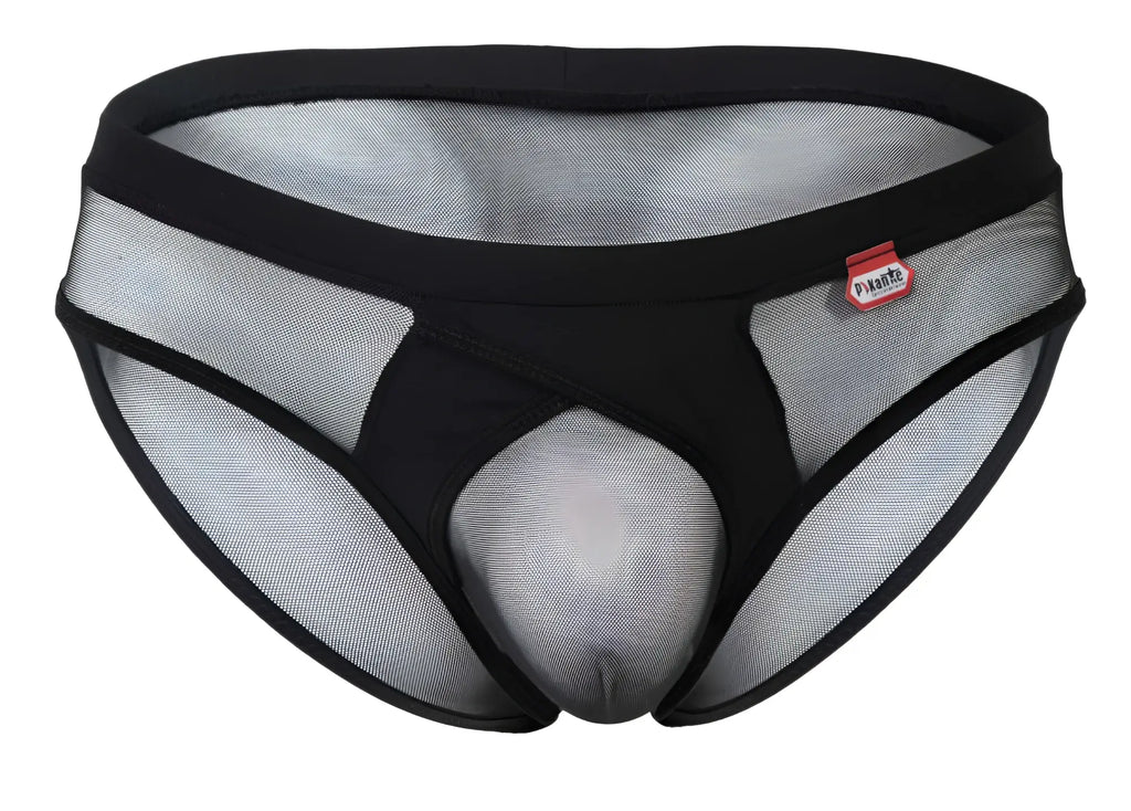 Black and gray mesh briefs with solid black waistband featuring pikante brand label in pikante PIK 1289 Itadaki briefs color black