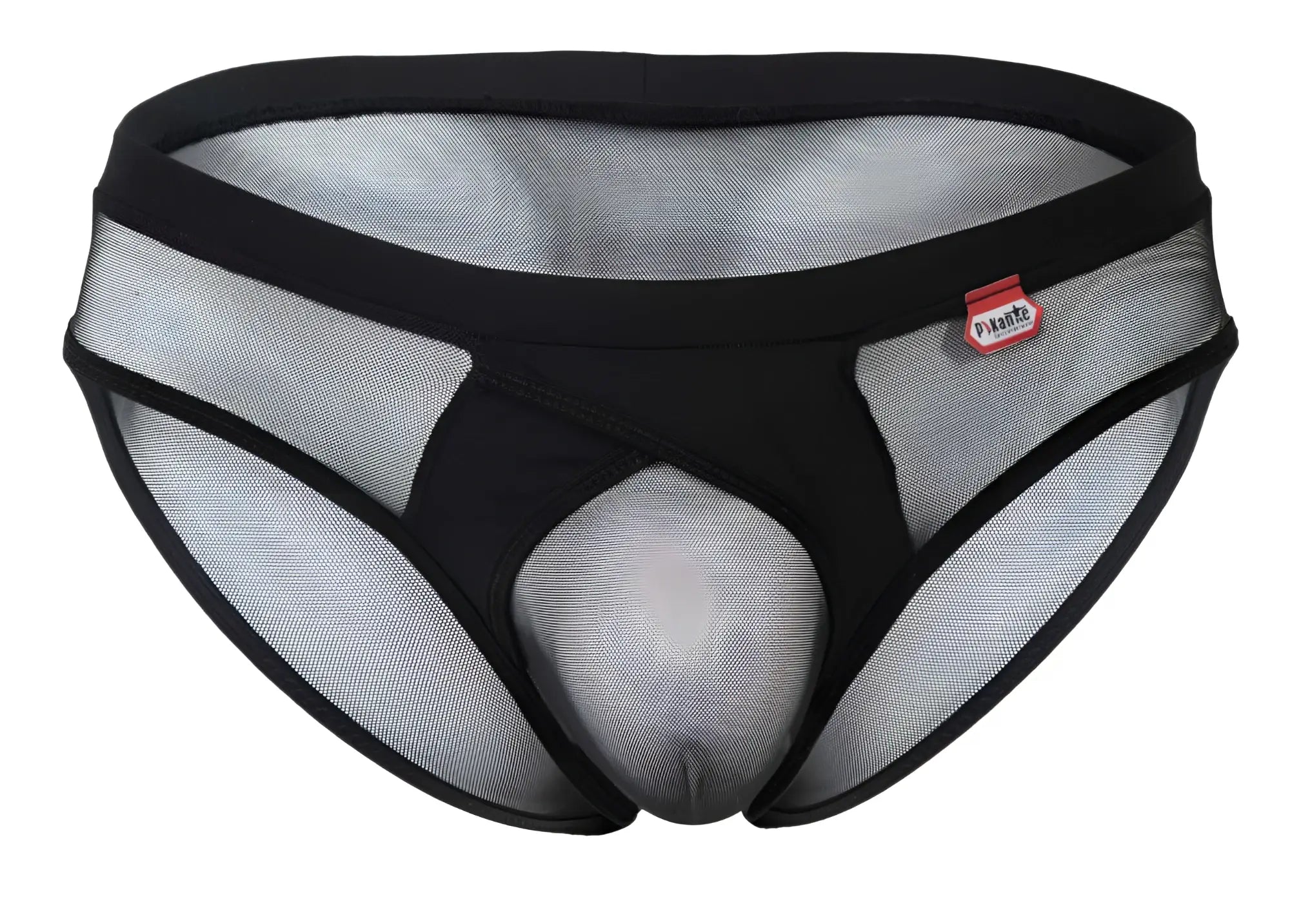 Black and gray mesh briefs with solid black waistband featuring pikante brand label in pikante PIK 1289 Itadaki briefs color black