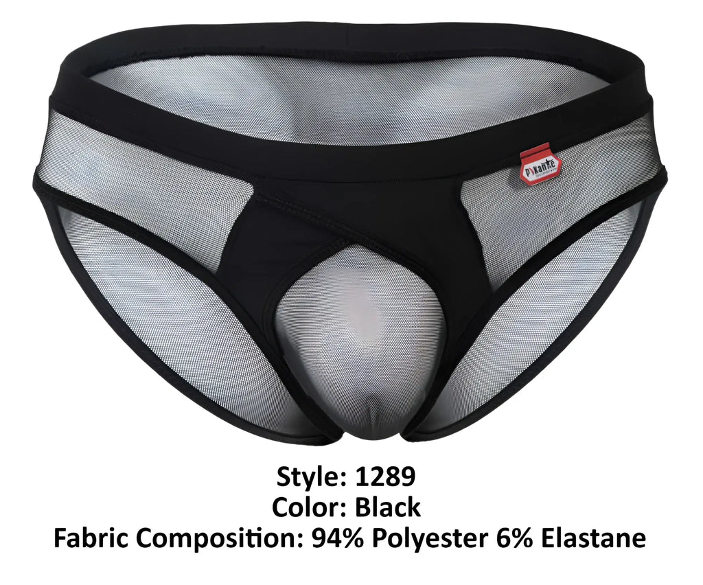 Black mesh Pikante PIK 1289 Itadaki briefs with solid waistband central panel and red brand tag in black color