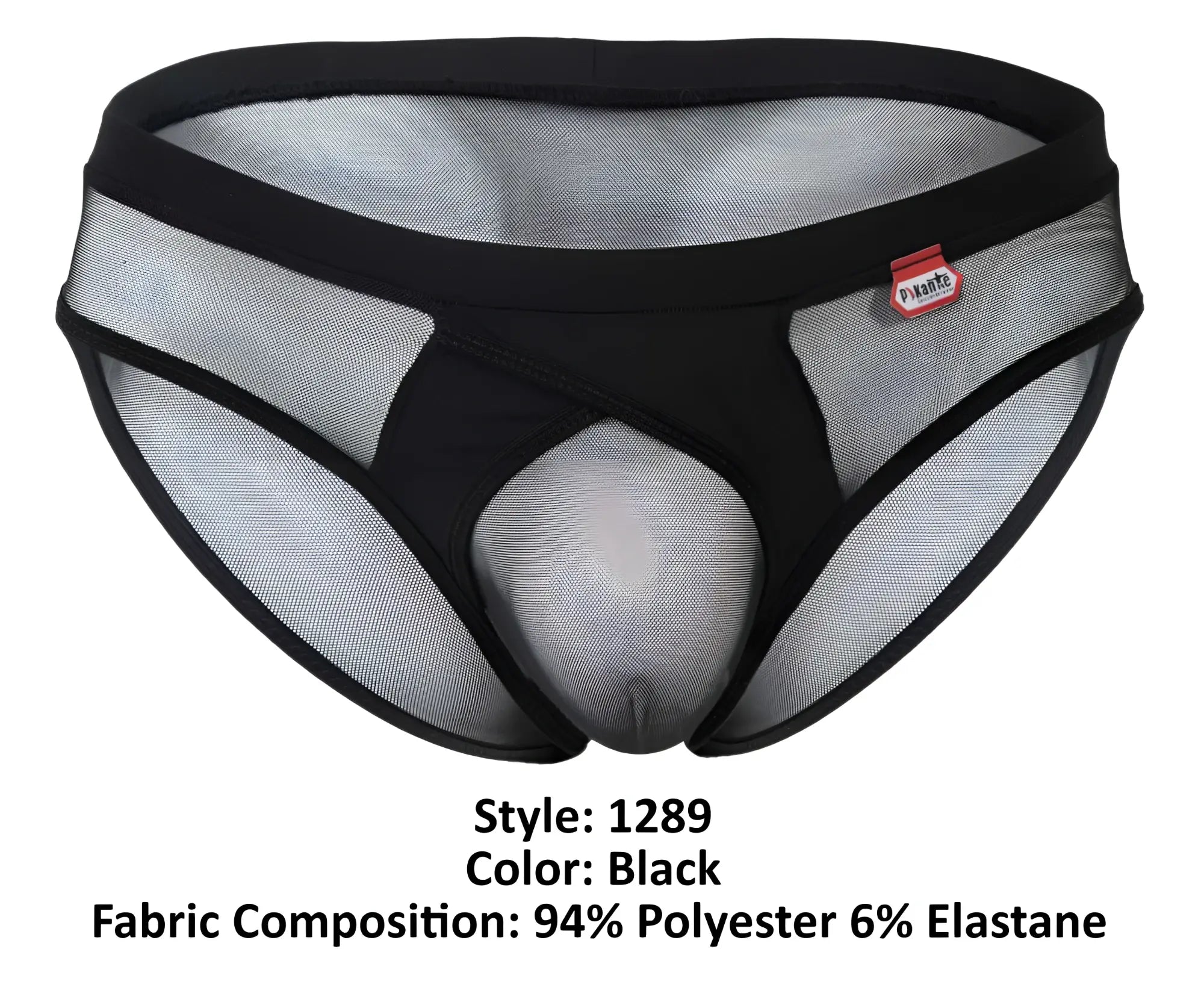 Black mesh Pikante PIK 1289 Itadaki briefs with solid waistband central panel and red brand tag in black color