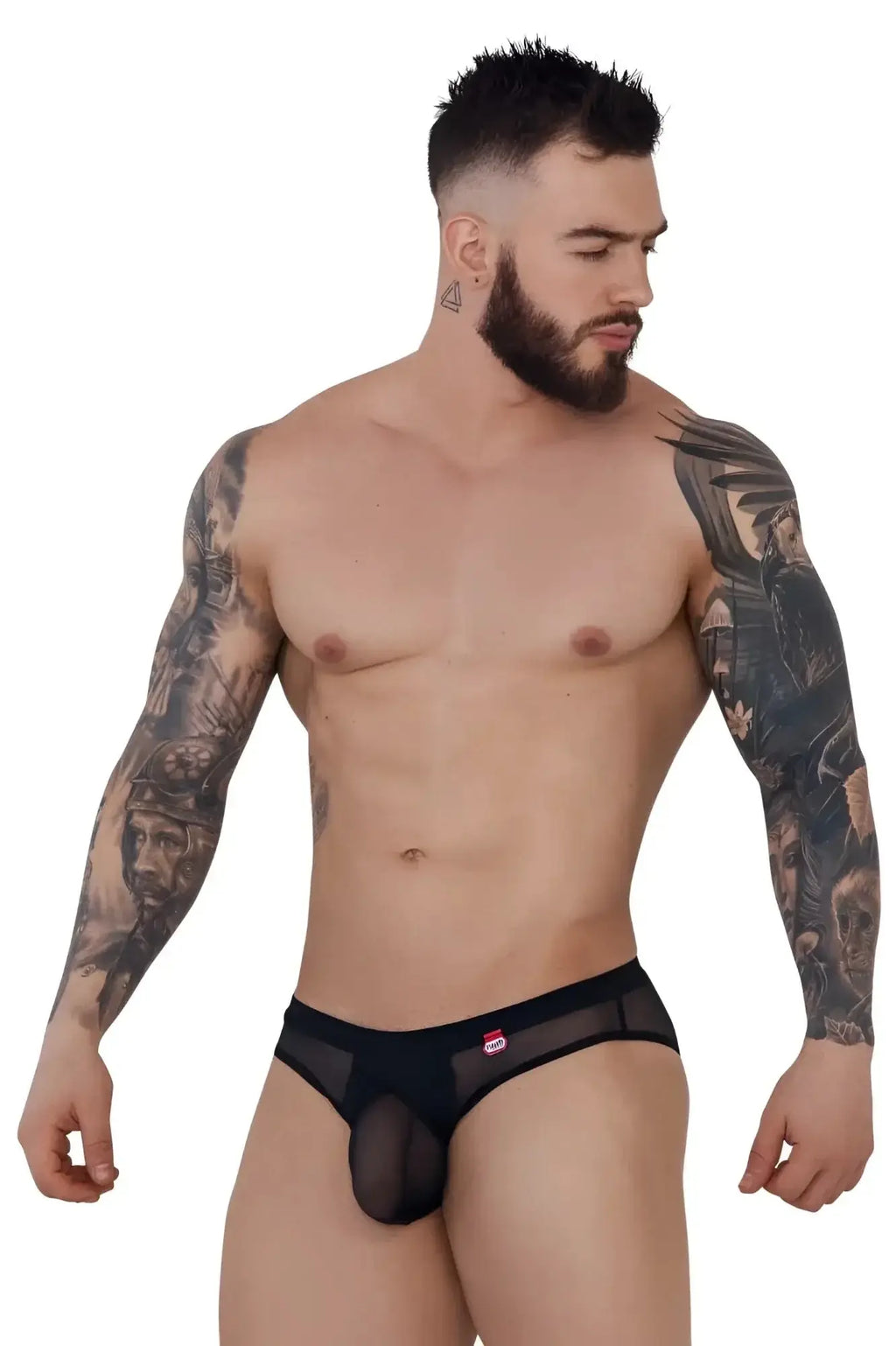Front view of a model wearing black Pikante PIK 1289 Itadaki briefs.