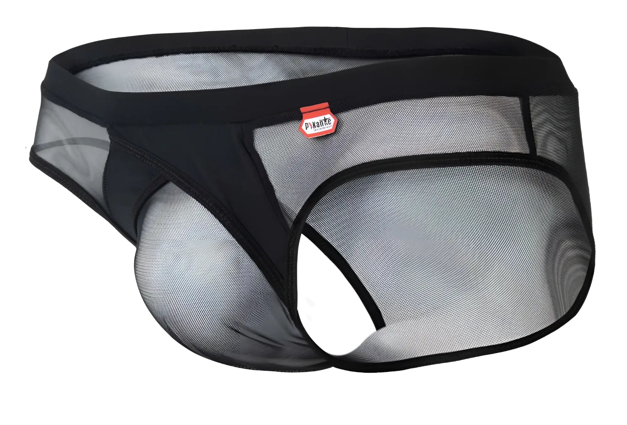 Black mesh briefs with solid black waistband and trim featuring pikante logo on the side pikante pik 1289 itadaki briefs