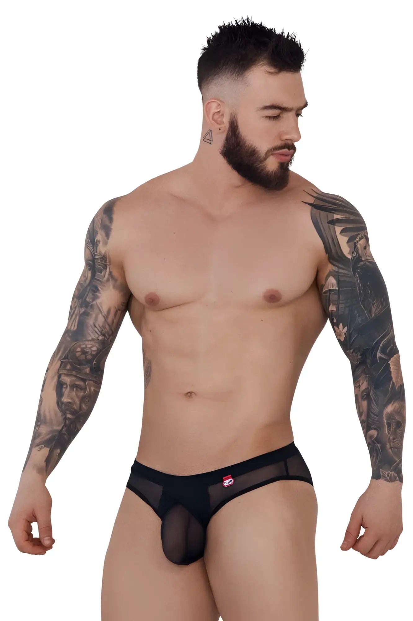 Pikante pik 1289 itadaki briefs in black sheer mesh with solid front panel and red logo on waistband