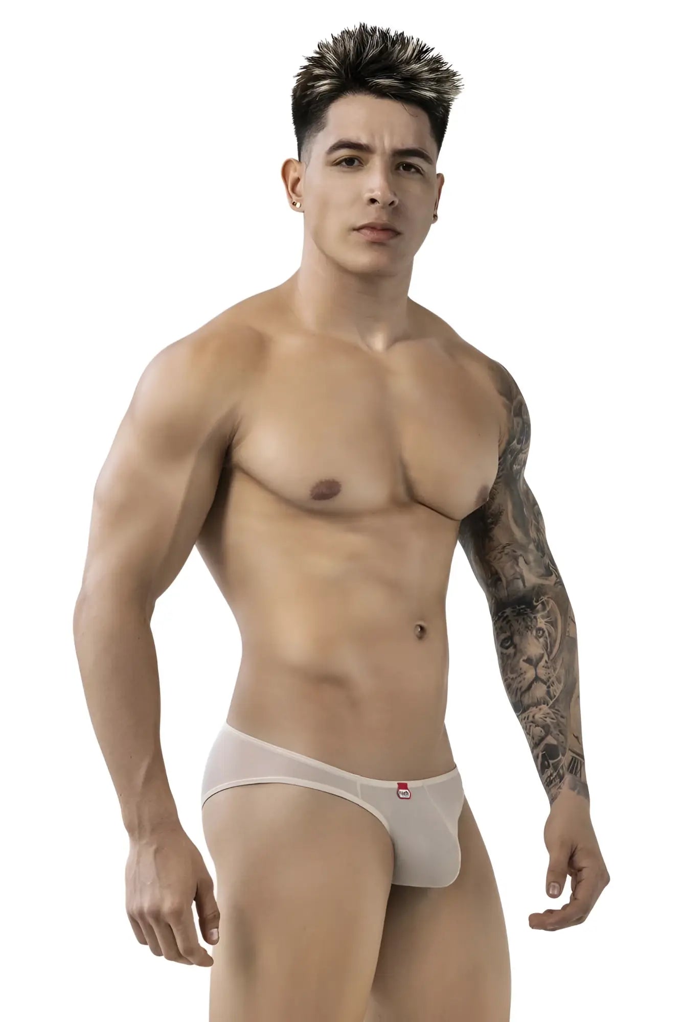 Beige Pikante PIK 1822 luxury briefs made of mesh with a small red logo on the waistband