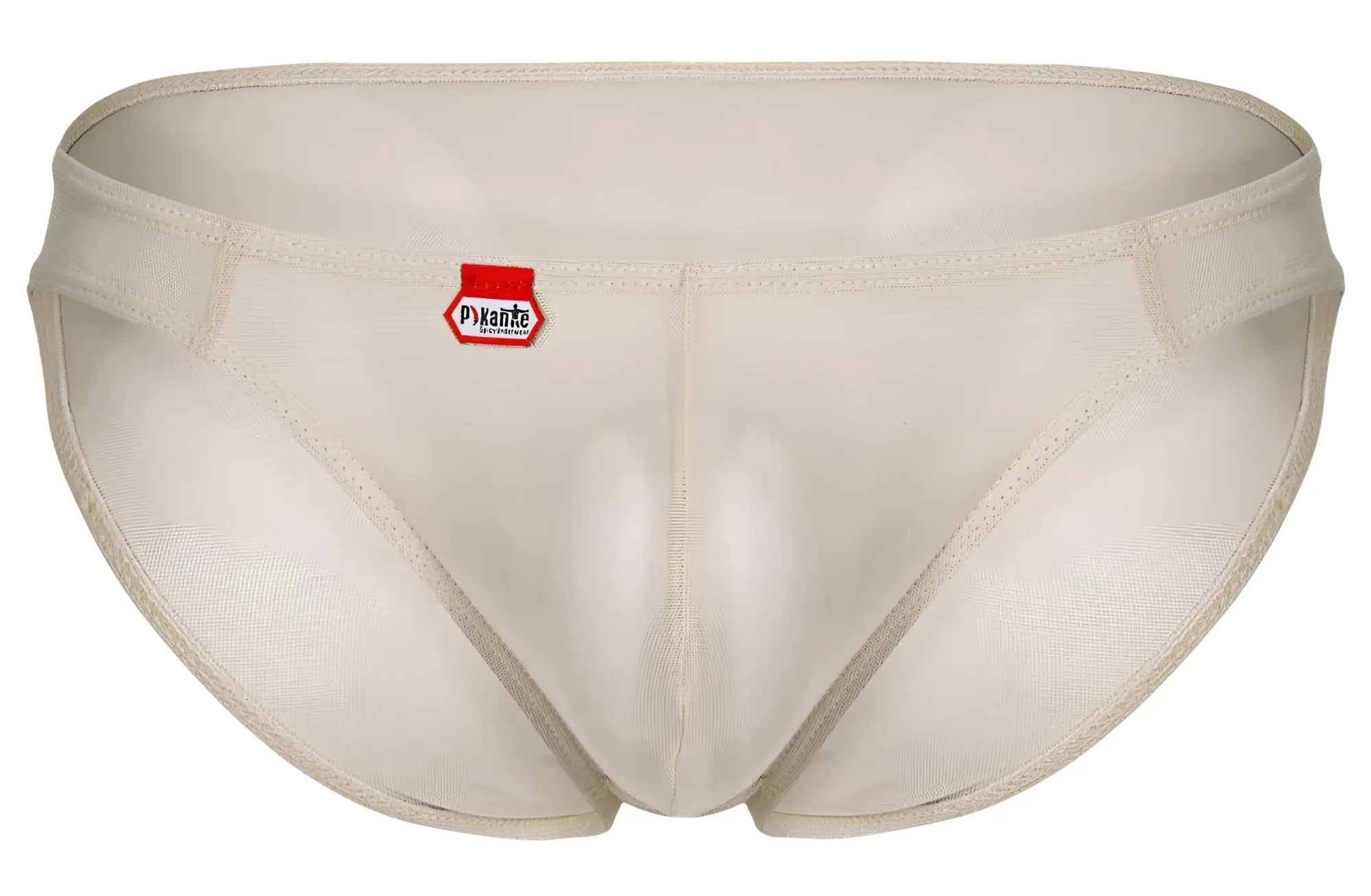 Beige pikante pik 1822 luxury briefs made of mesh with a red and white brand tag on the waistband