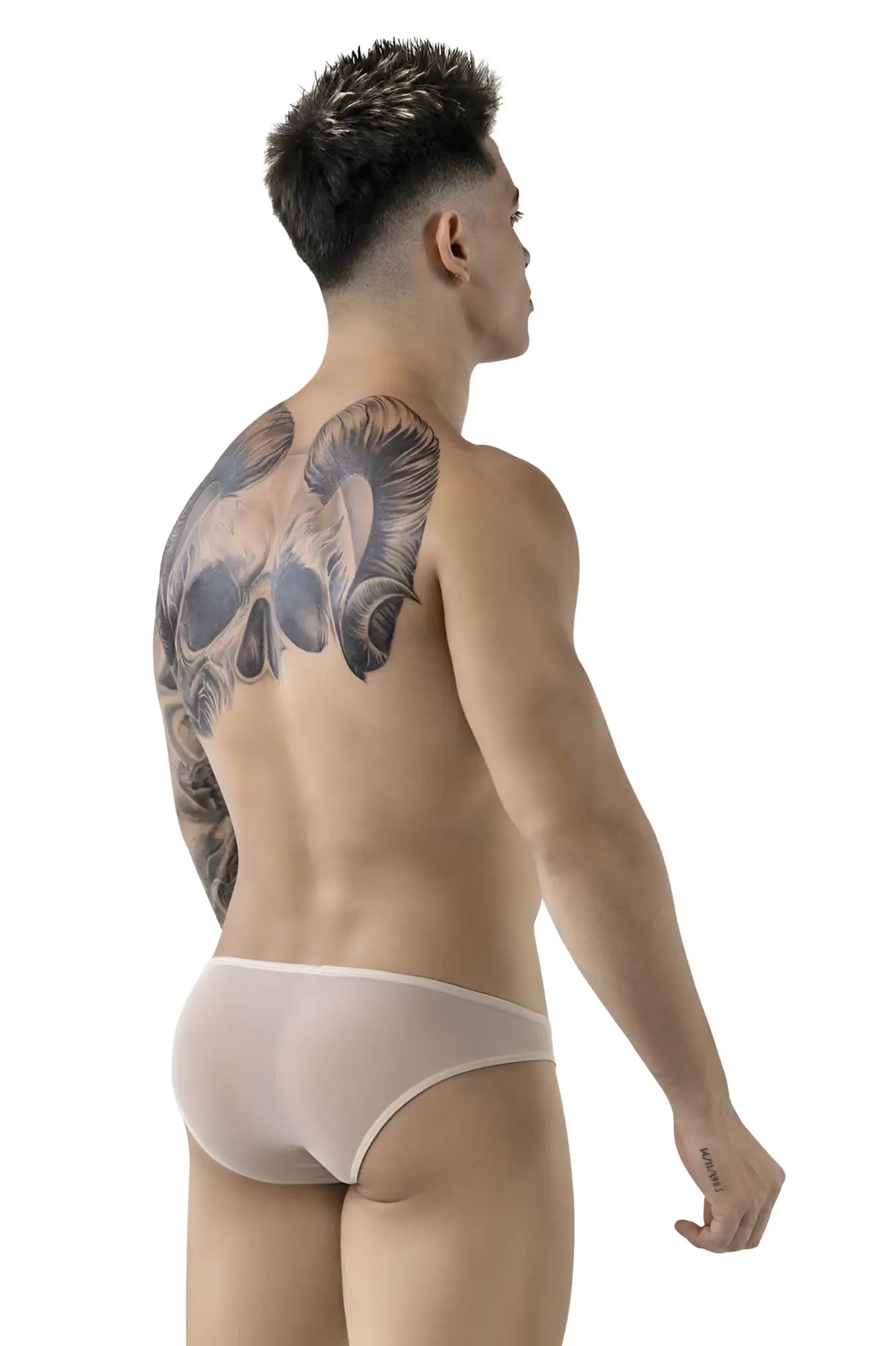 Translucent beige mesh briefs pikante pik 1822 luxury briefs showing sheer breathable fabric design