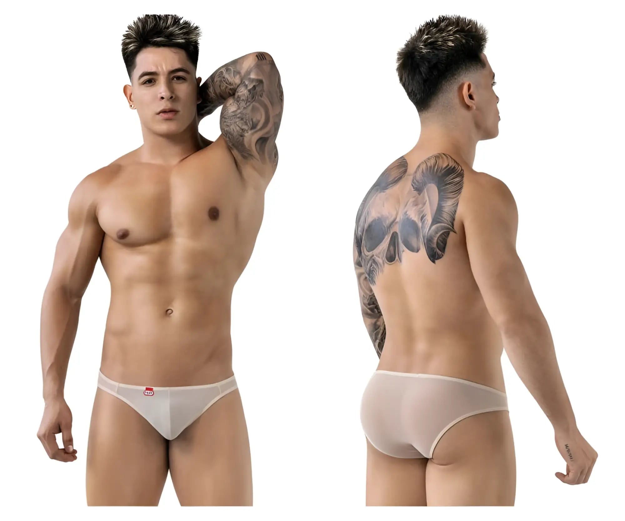 Beige Pikante PIK 1822 luxury briefs made of white sheer mesh with a small red logo on the waistband