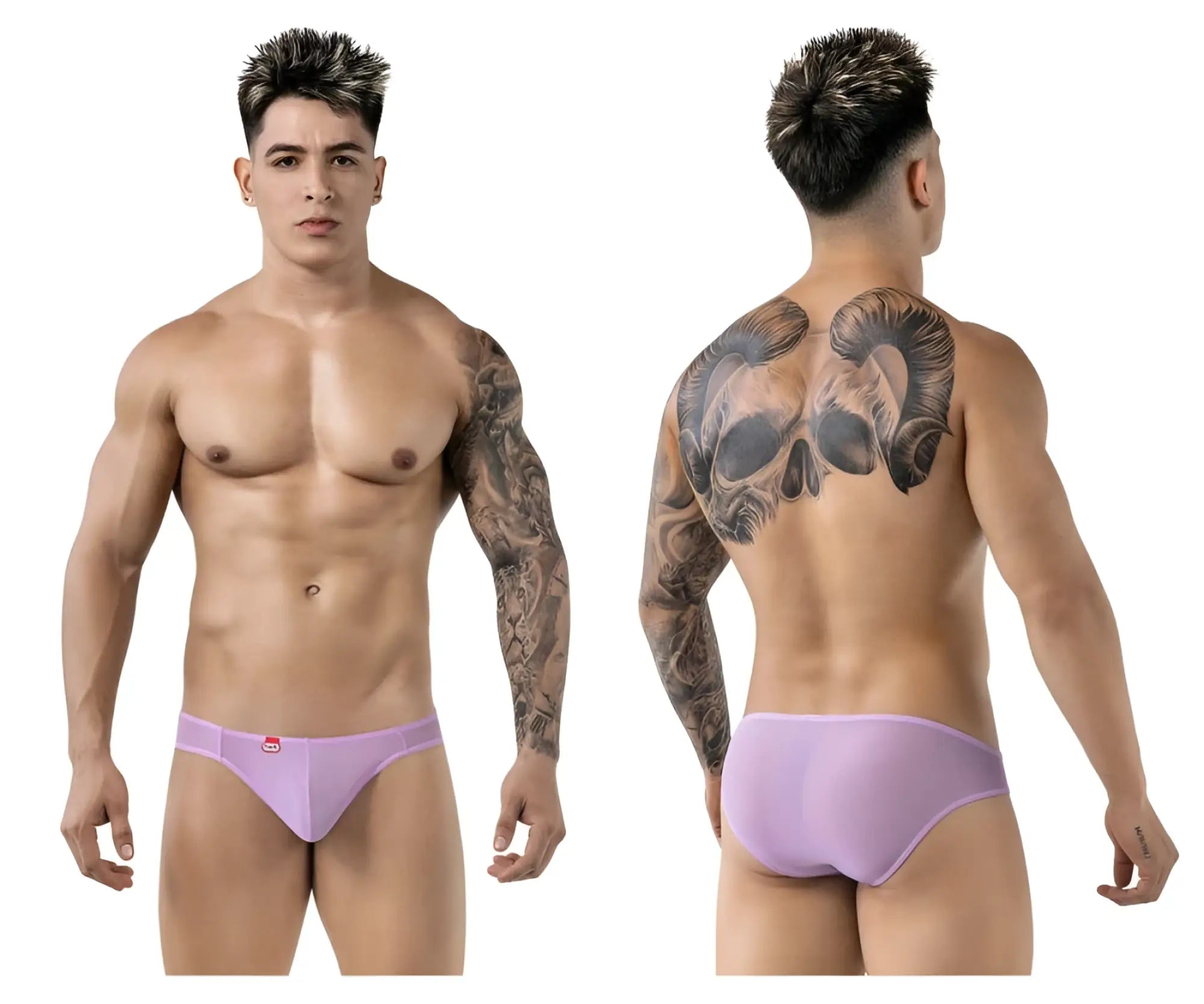 Pikante pik 1822 luxury briefs in lavender sheer mesh with a small red logo on the front