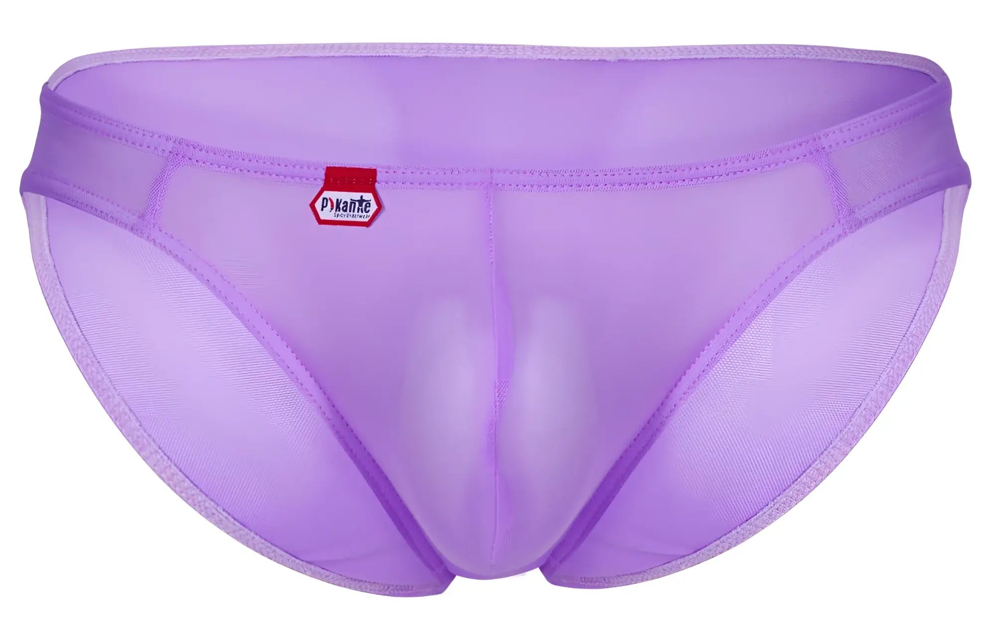 Purple sheer mesh briefs with a red and white Pikante brand tag on the waistband in lilac luxury design