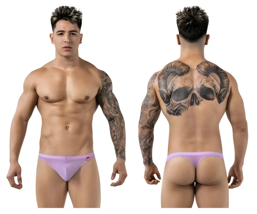 Lavender-colored form-fitting briefs with a small red pikante logo on the left hipband luxury thong style