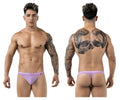 Lavender-colored form-fitting briefs with a small red pikante logo on the left hipband luxury thong style
