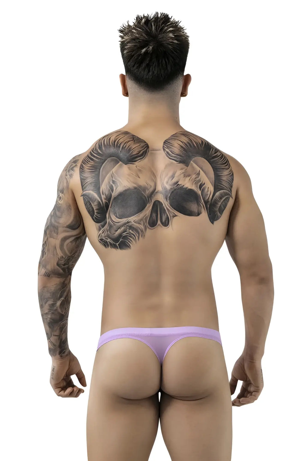 A man wearing a form-fitting lavender luxury thong by Pikante PIK 1823 shown from the back side