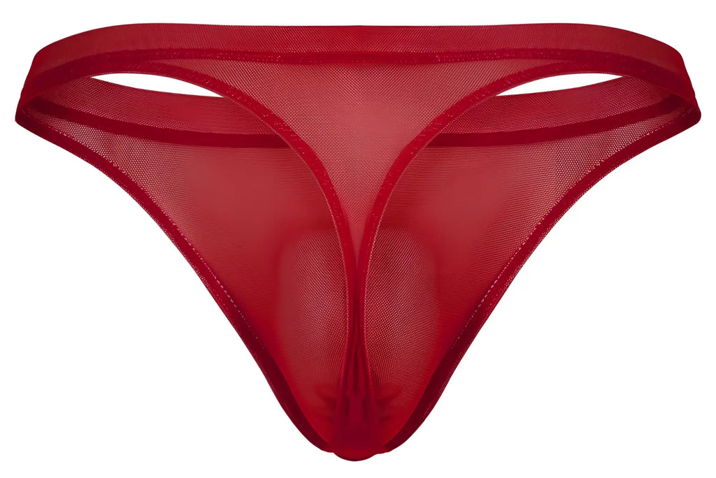Red sheer mesh thong with smooth opaque red trim along edges from pikante pik 1823 luxury thongs collection