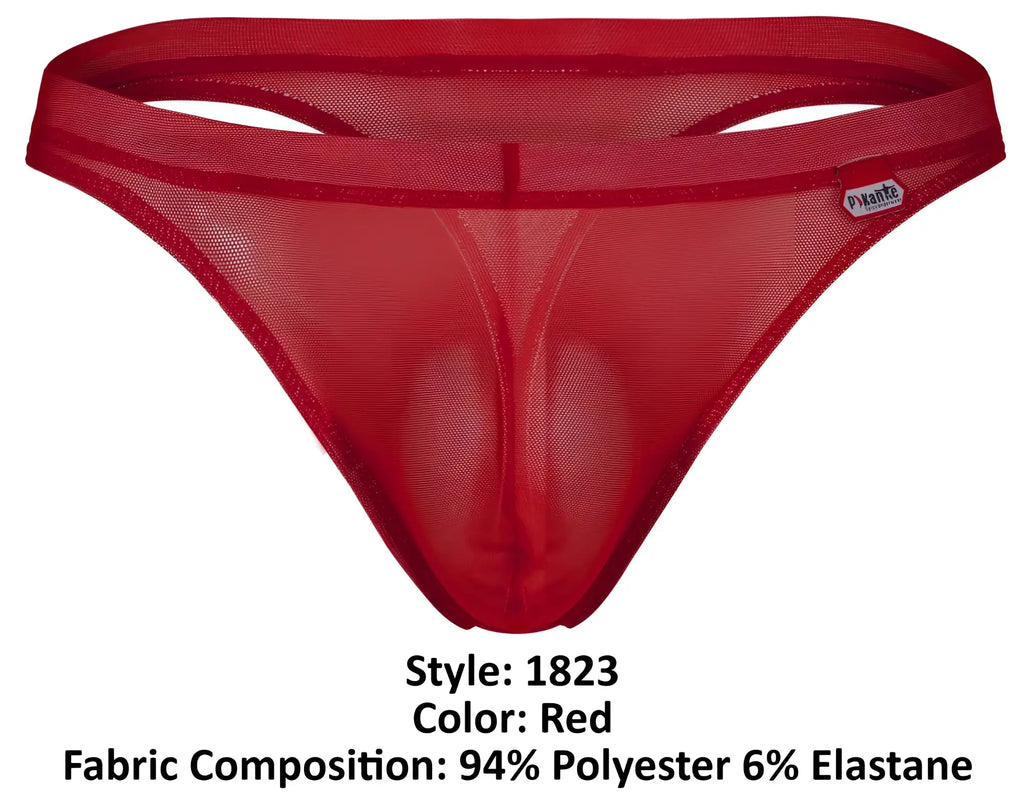 Red sheer mesh thong with solid red elastic waistband from Pikante PIK 1823 luxury thongs collection