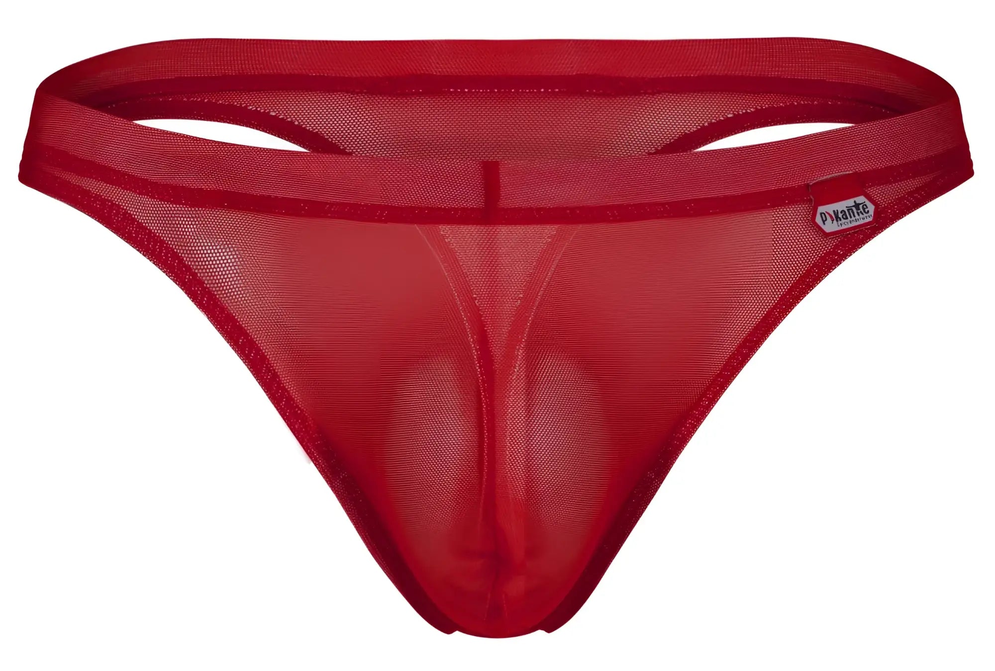 Red sheer mesh thong with solid red elastic waistband and small brand tag by pikante luxury thongs color red