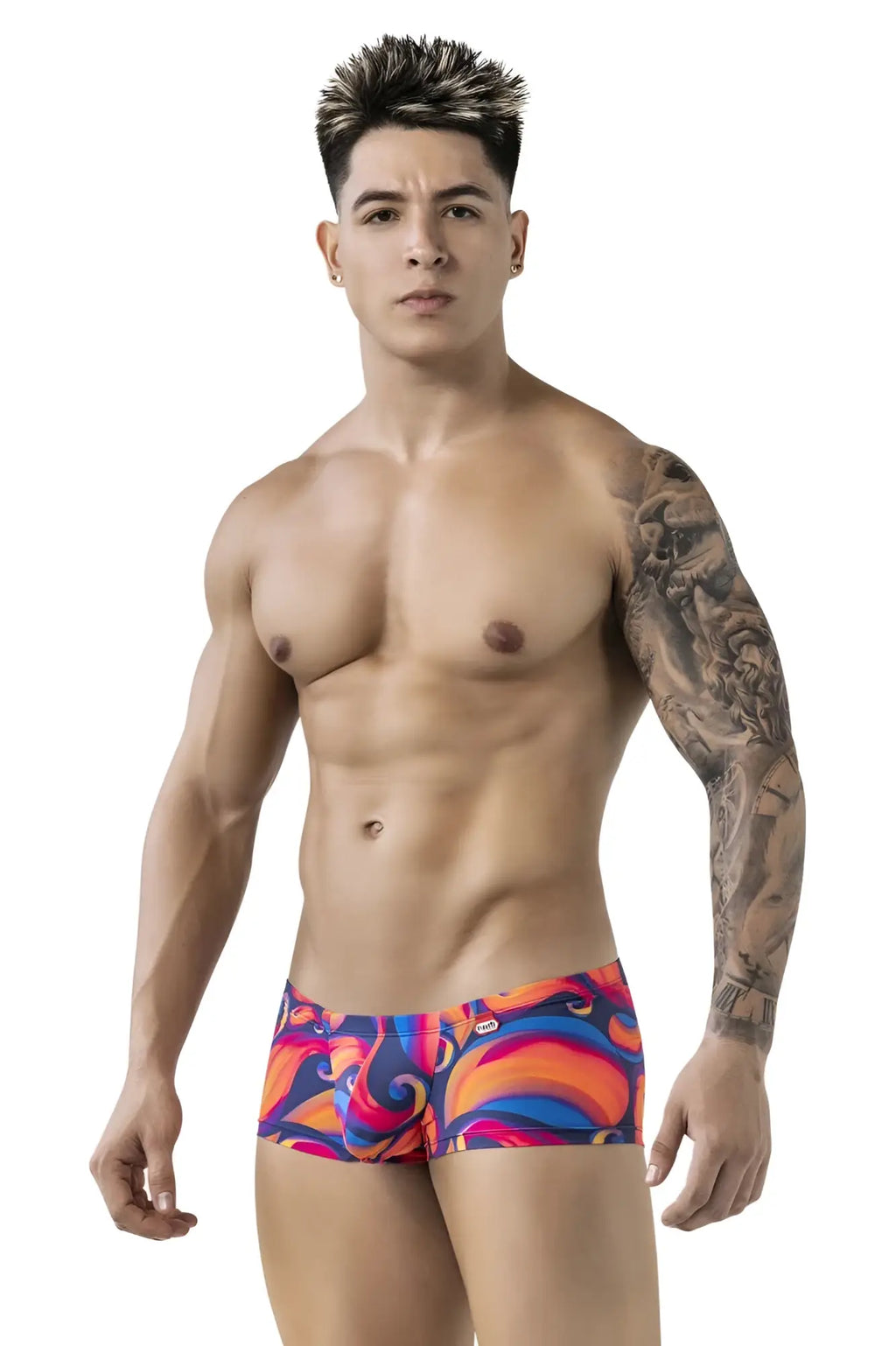 Vibrant abstract patterned pikante pik 1826 kracent trunks in bold orange blue and purple men’s briefs