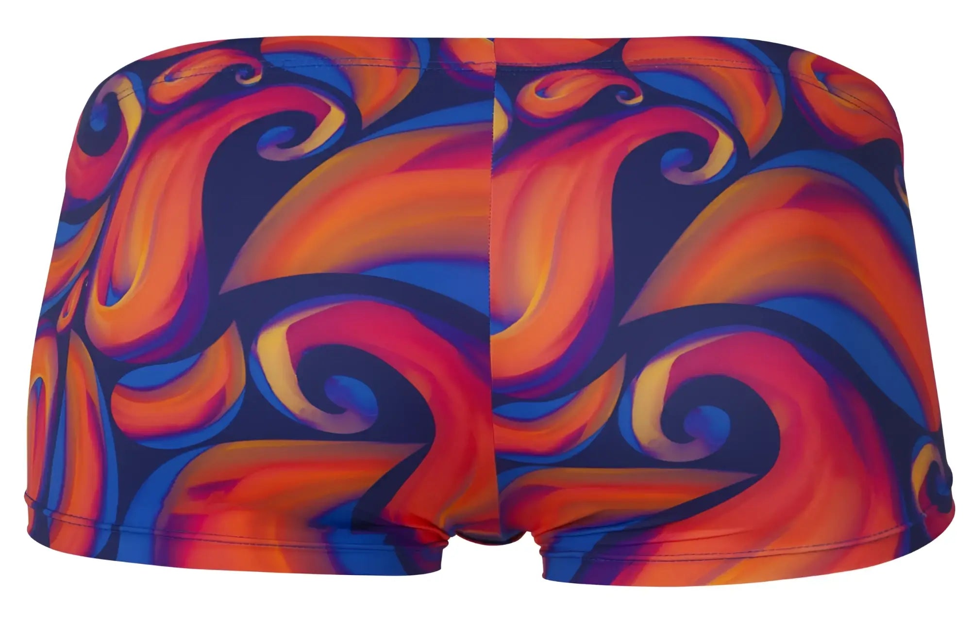 Pikante PIK 1826 Kracent trunks in vibrant orange with red and blue abstract swirl patterns for swimwear use