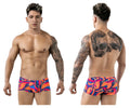 Vibrant flame-patterned pikante pik 1826 kracent swim trunks in bold orange blue and purple hues for men