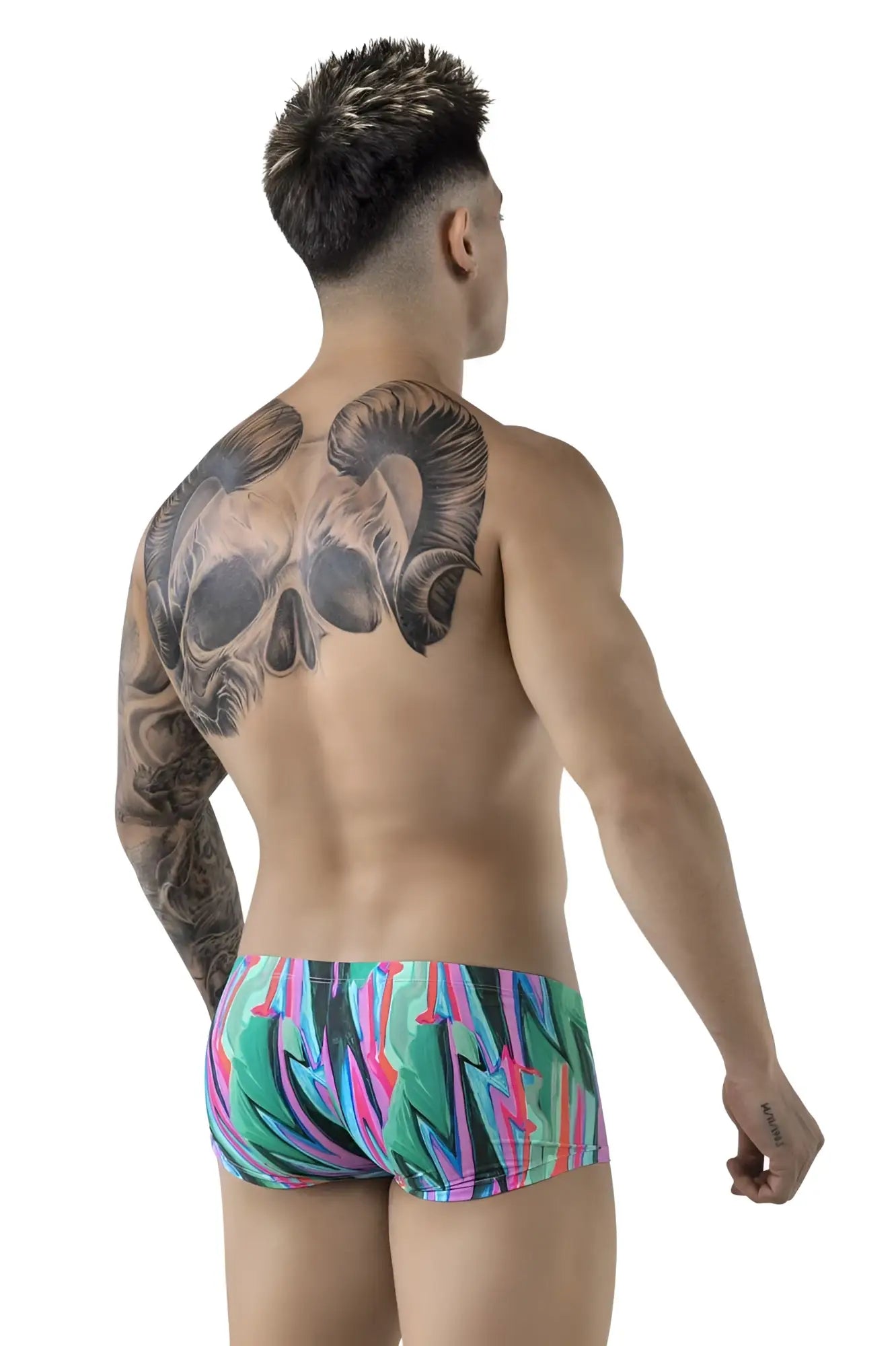 Vibrant graffiti-style patterned teal pink and black Pikante PIK 1828 abstract swim trunks for men