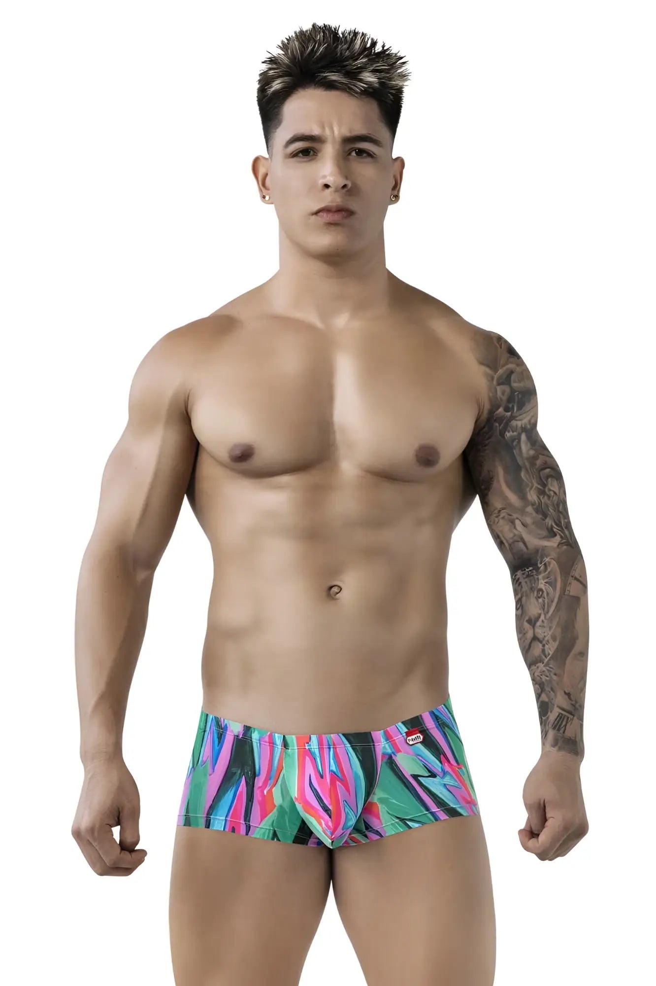Pikante PIK 1828 abstract trunks green vibrant multicolored tropical print briefs with bold pink teal and black geometric pattern