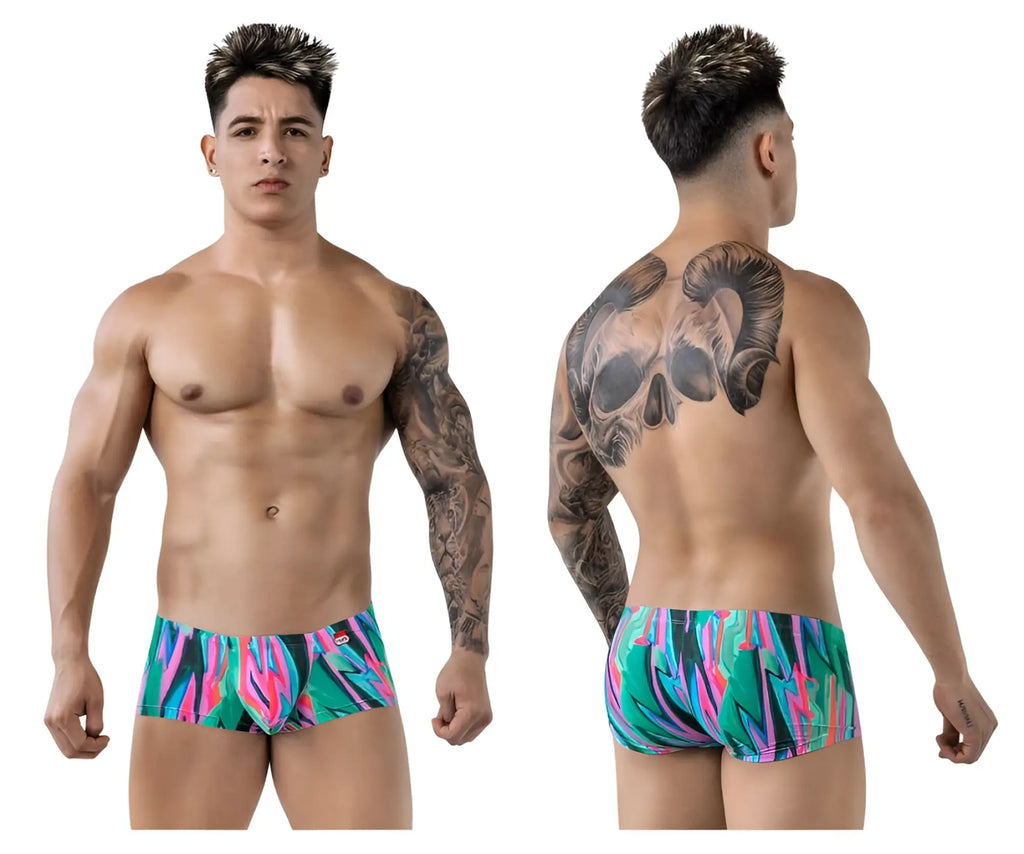Vibrant pikante PIK 1828 swim trunks with neon green pink and blue abstract patterns for bold summer style