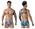 Vibrant pikante PIK 1828 swim trunks with neon green pink and blue abstract patterns for bold summer style