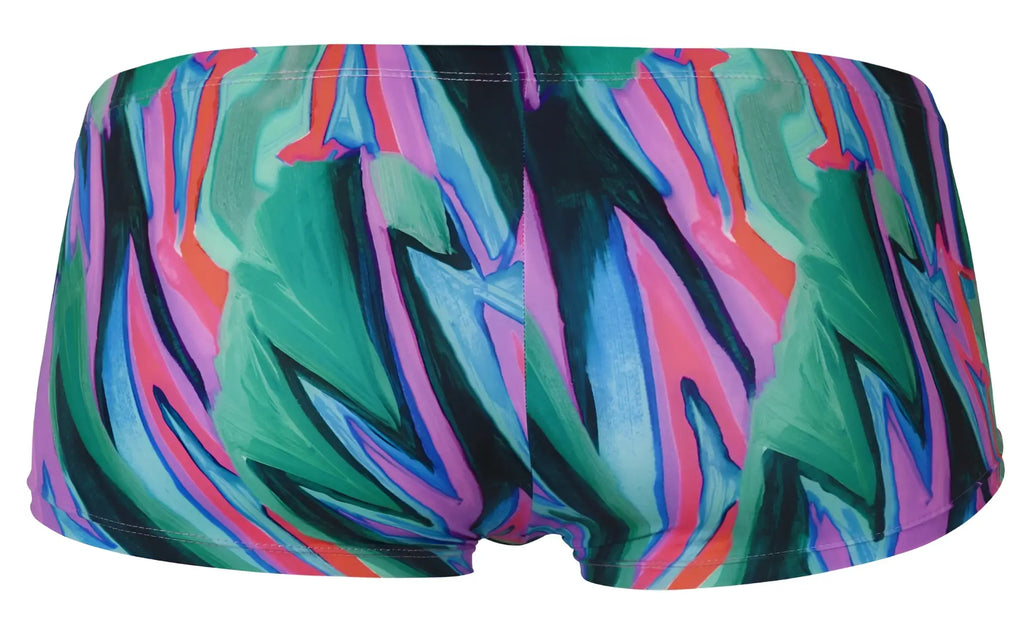 Pikante PIK 1828 abstract trunks in vibrant greens pinks and blues with dynamic brushstroke design for swimwear