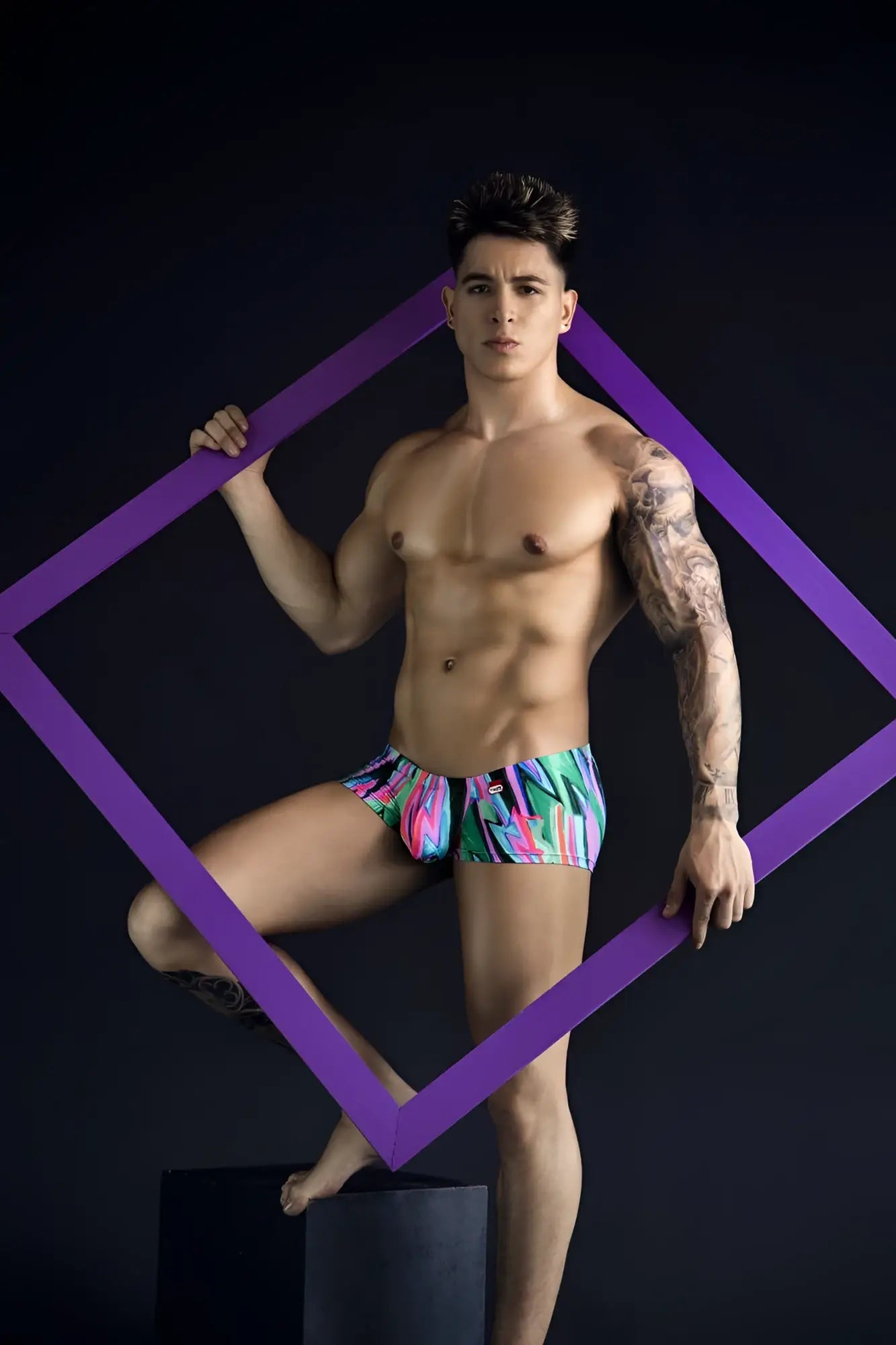 Vibrant pikante PIK 1828 abstract trunks in neon pink turquoise and green tropical pattern swimwear for men