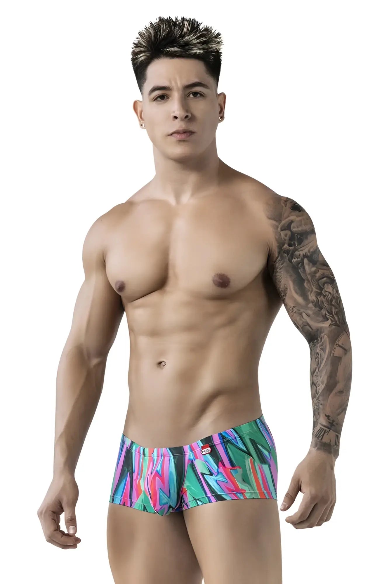 Pikante PIK 1828 abstract trunks in vibrant pink green and blue tropical print swim trunks front view