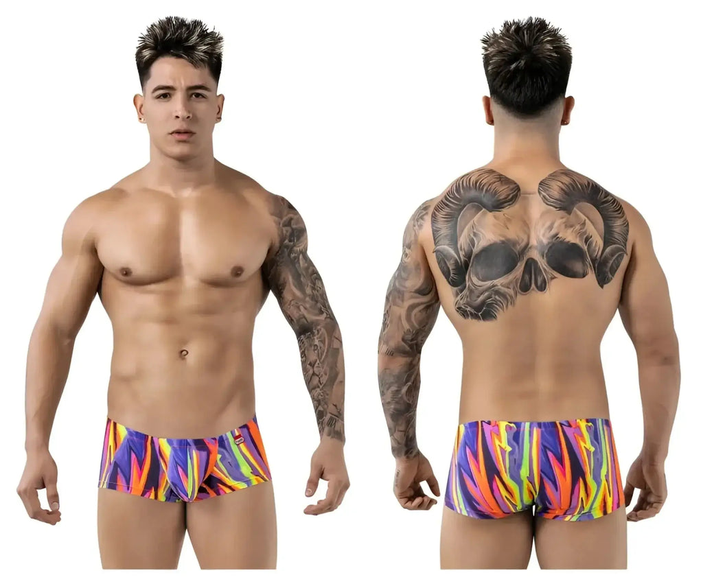 Front and back view of Pikante PIK 1828 Abstract Trunks in purple, worn by a model.