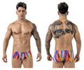 Front and back view of Pikante PIK 1828 Abstract Trunks in purple, worn by a model.
