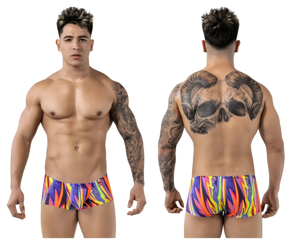 Vibrant multicolored flame-patterned swim trunks with bold neon hues pikante pik 1828 abstract trunks color purple