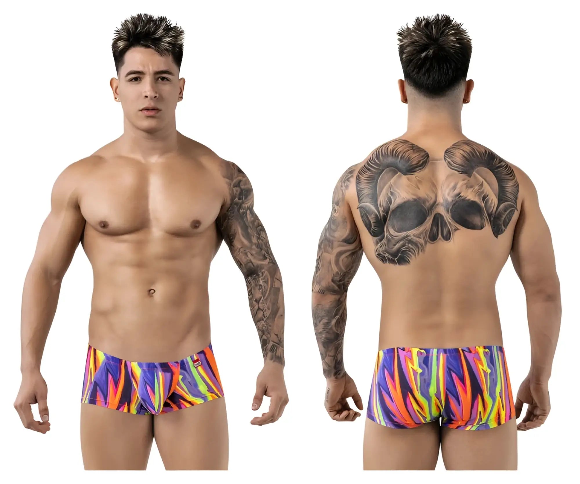 Vibrant multicolored flame-patterned swim trunks with bold neon hues pikante pik 1828 abstract trunks color purple