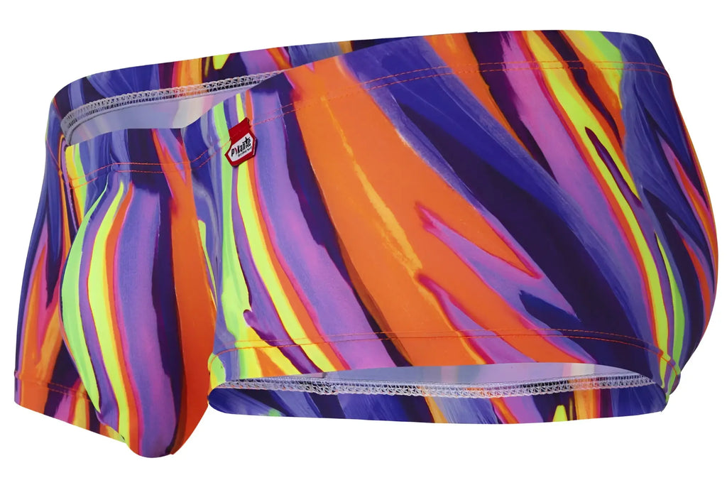 Vibrant multicolored pikante PIK 1828 abstract swim trunks with bold purple orange and neon green stripe pattern