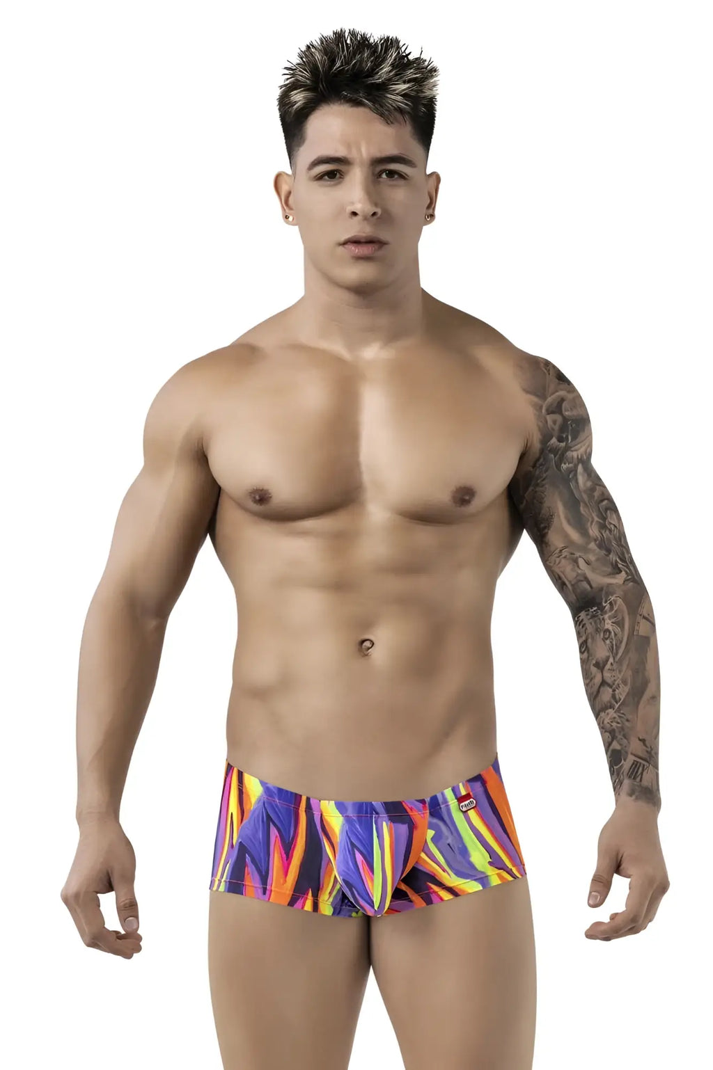 Vibrant pikante pik 1828 abstract trunks in purple featuring a bold multicolored geometric pattern for swimwear